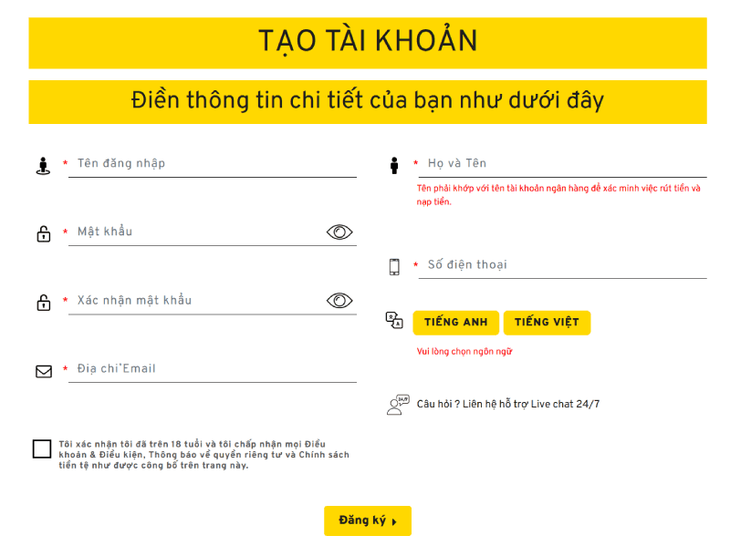 điền thông tin đăng ký We88